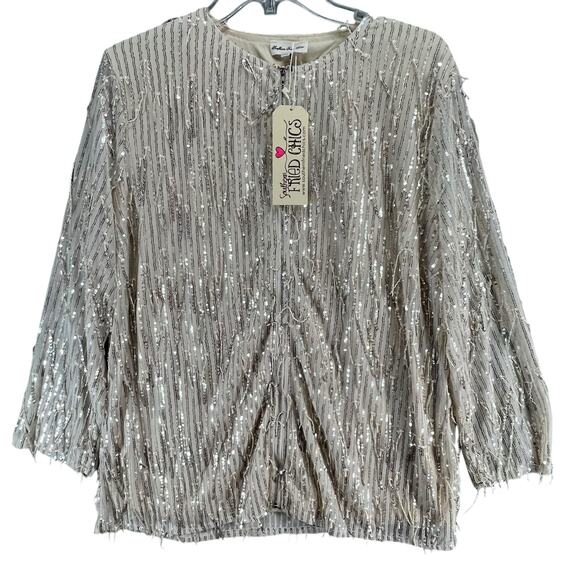 Southern Fried Chics Jacket 3XL Champagne Beige Mesh Sequin Fringe Boho Showgirl - Picture 4 of 16
